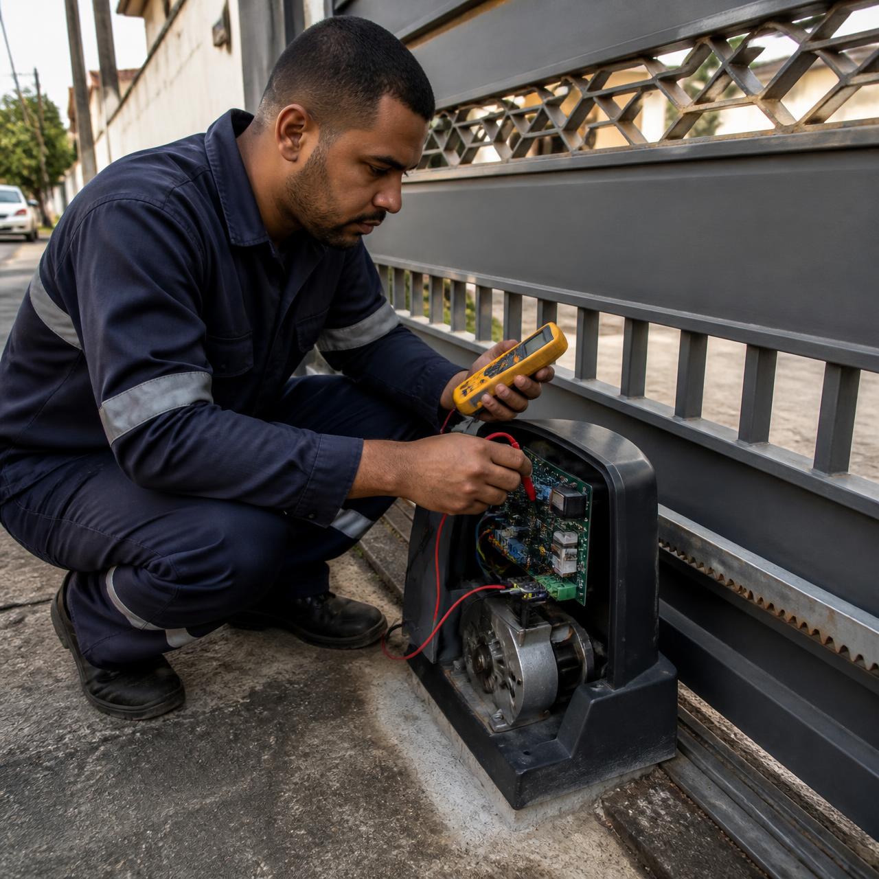 Técnico testando a placa eletrônica do motor de um portão automático deslizante